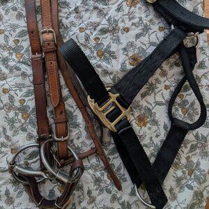 Western leather headstall, harness, loose ring copper inlay bit included